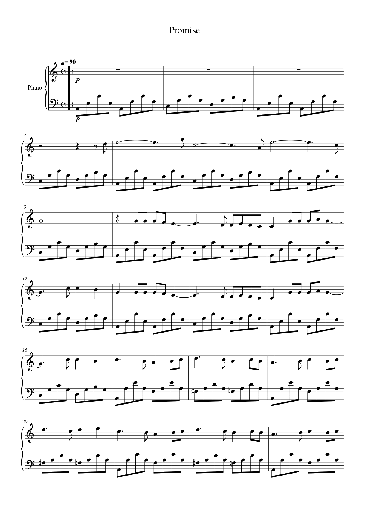Promise Piano Sheet Music Score Page 1