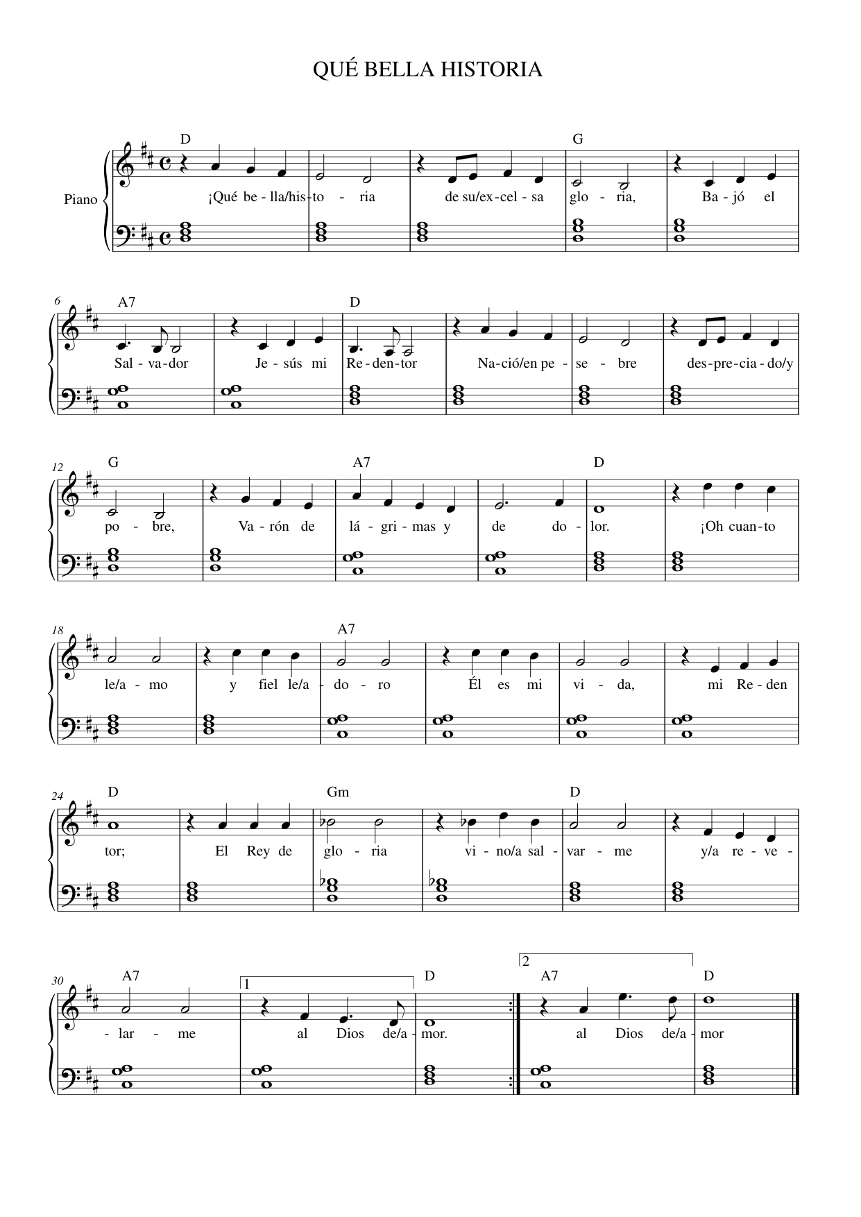 QUÉ BELLA HISTORIA Piano Sheet Music Page 1 Free PDF