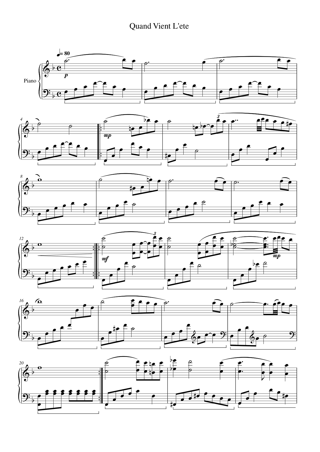 Quand Vient L'ete Piano Sheet Music Page 1 Free PDF