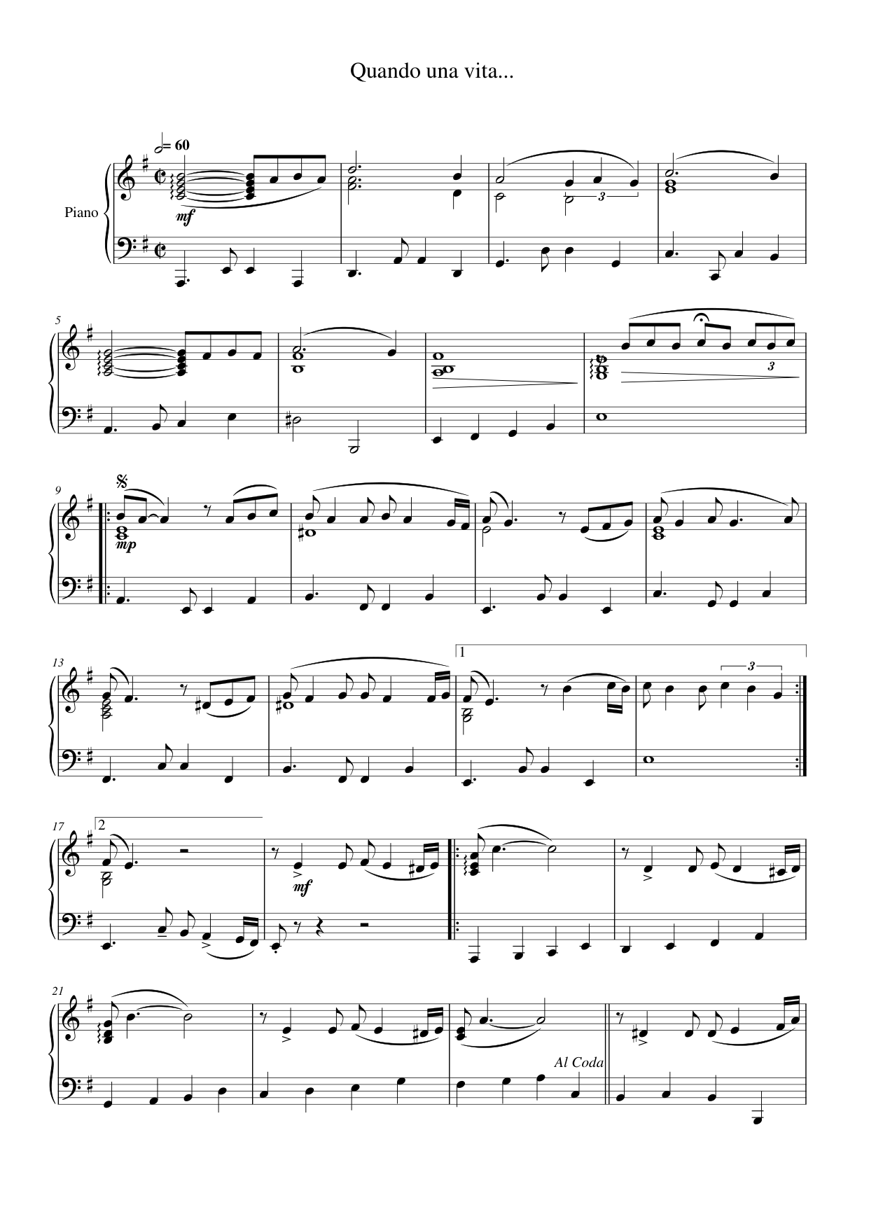 Quando una vita... Piano Sheet Music Page 1 Free PDF
