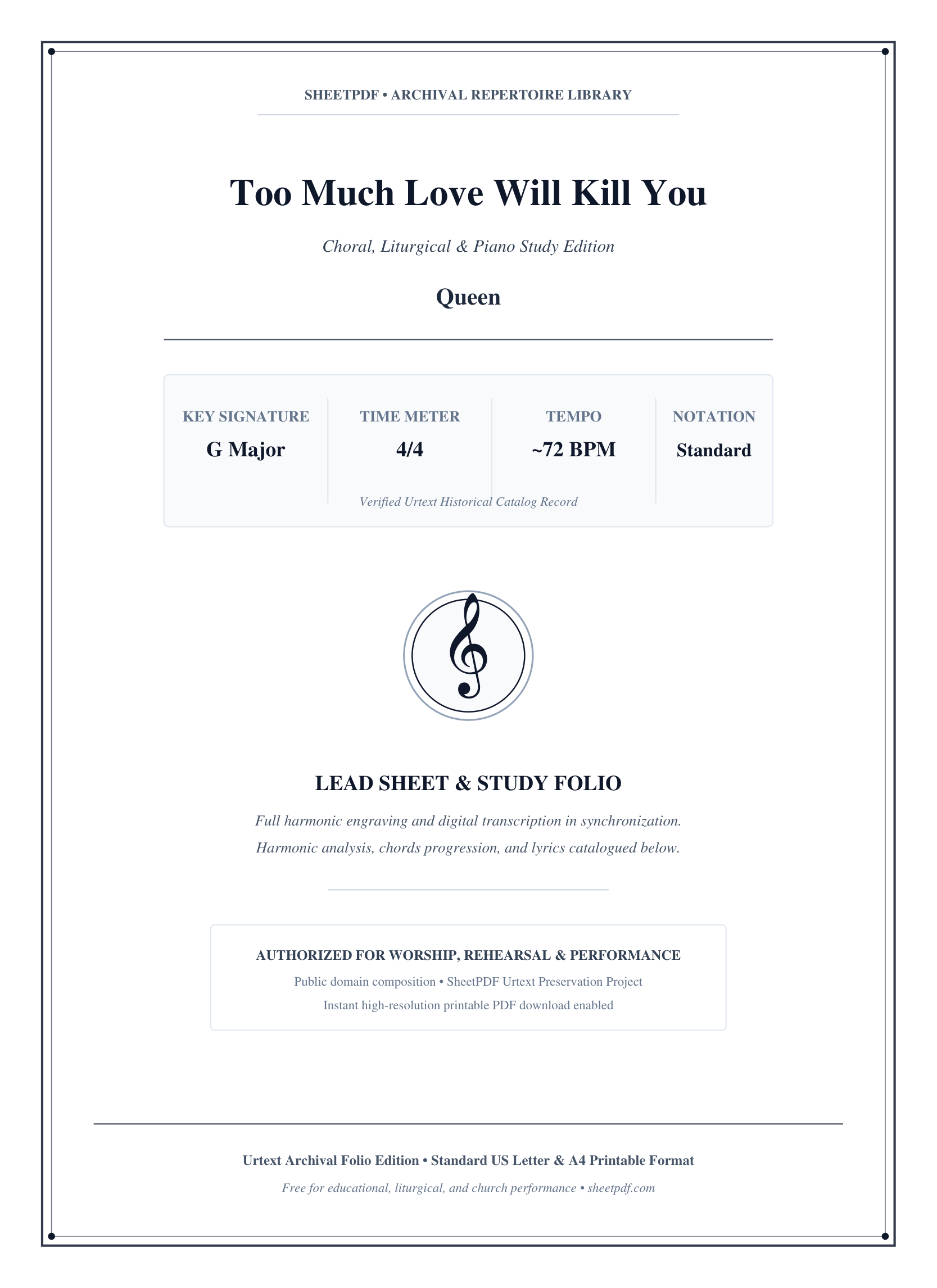 Too Much Love Will Kill You Piano Sheet Music Score Page 1