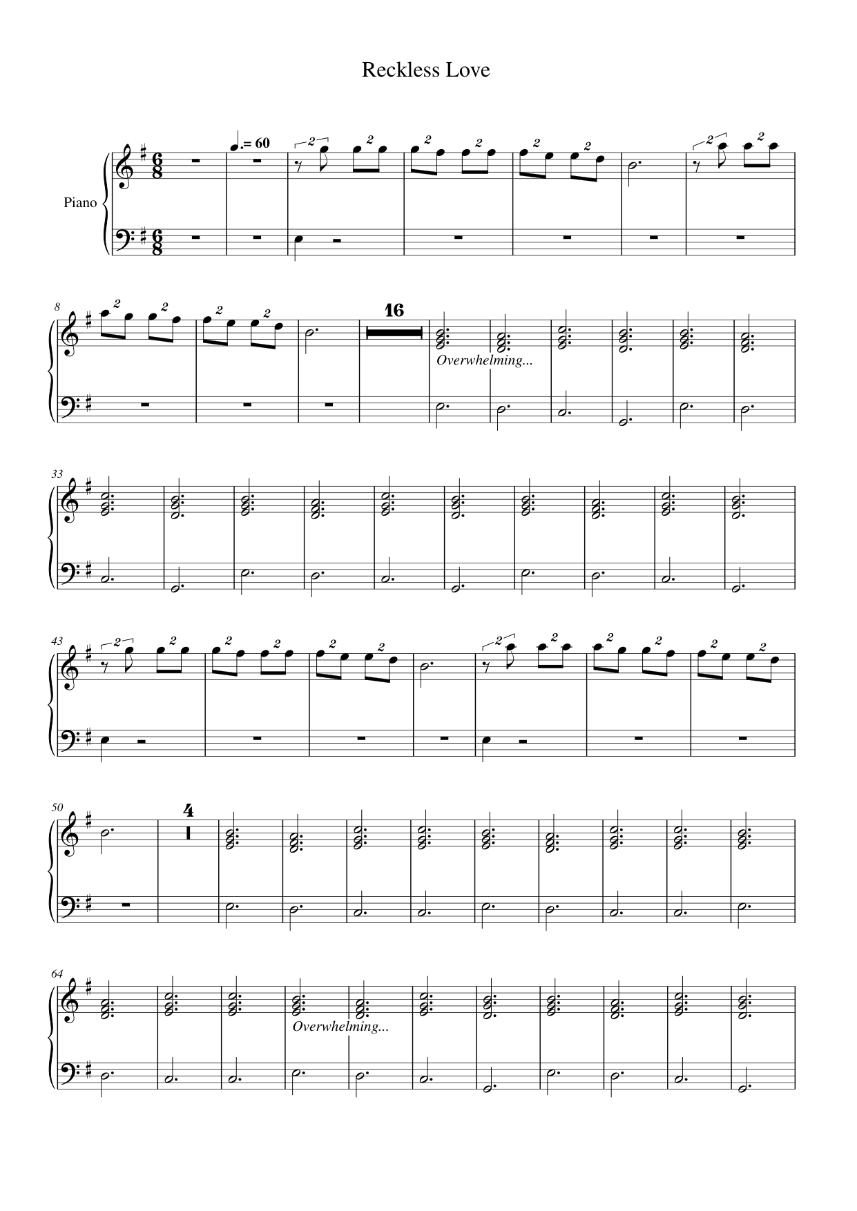 Reckless Love Piano Sheet Music Page 1 Free PDF