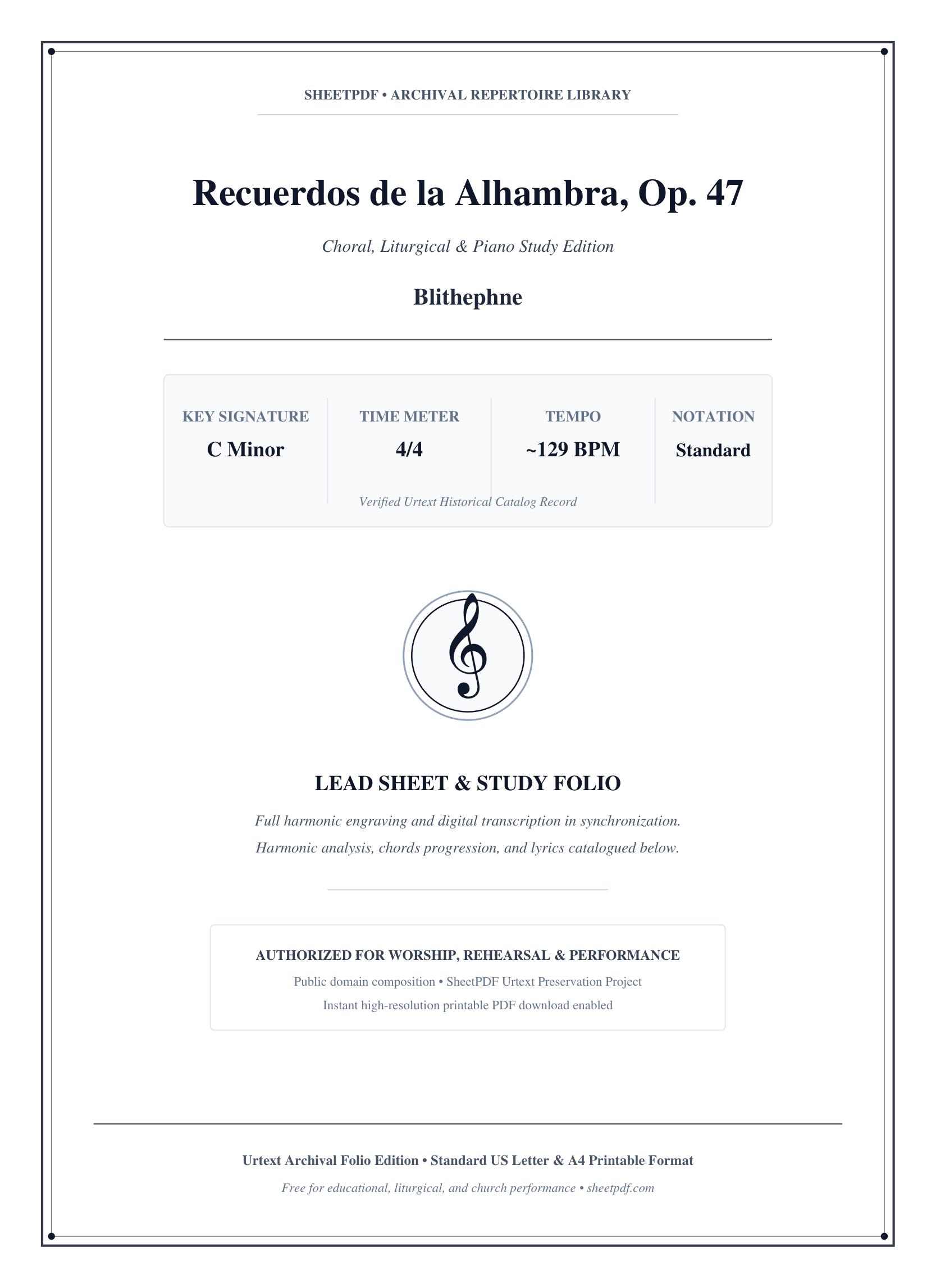 Recuerdos de la Alhambra, Op. 47 Piano Sheet Music Page 1 Free PDF
