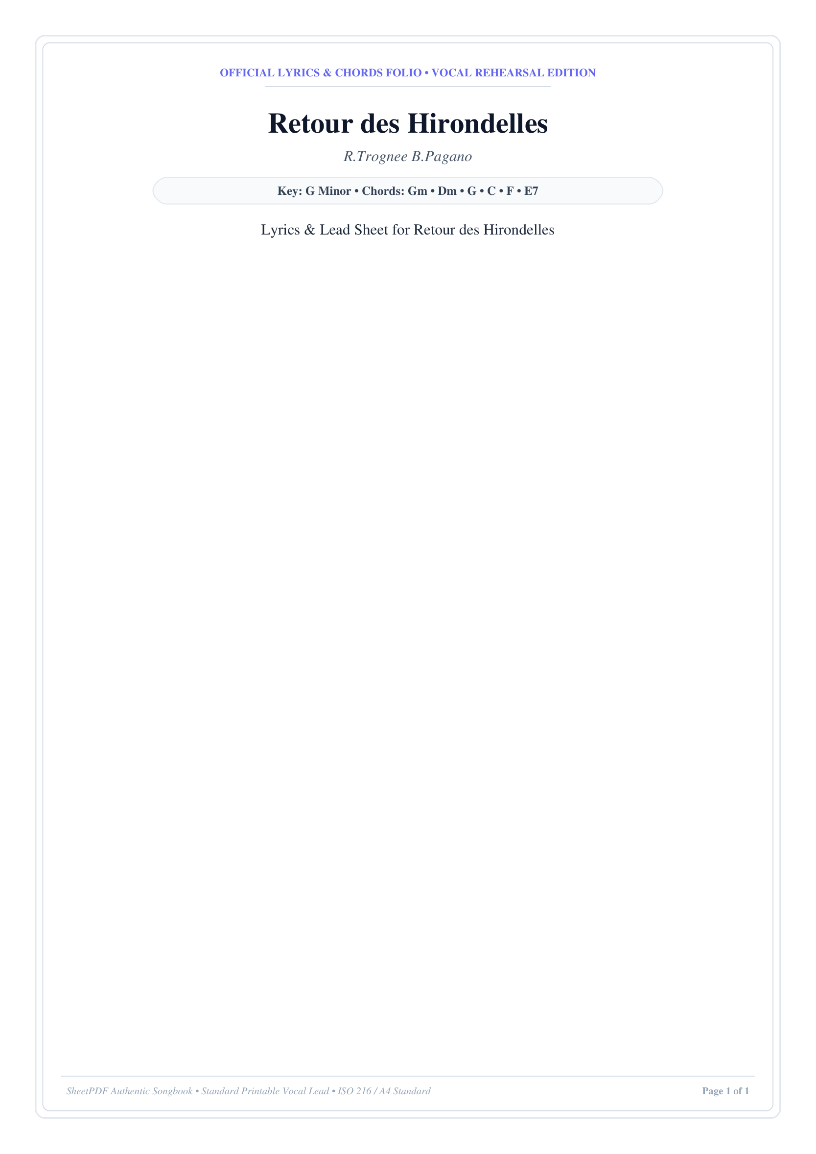 Retour des Hirondelles Piano Sheet Music Page 1 Free PDF