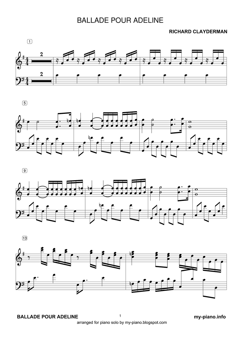 Ballade Pour Adeline Piano Sheet Music Page 1 Free PDF