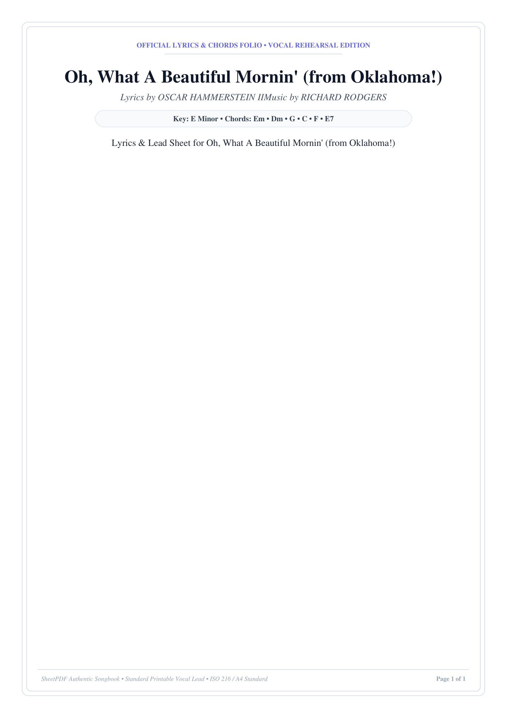 Oh, What A Beautiful Mornin' (from Oklahoma!) Piano Sheet Music Page 1 Free PDF