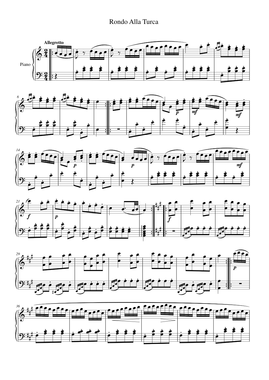 Rondo Alla Turca Piano Sheet Music Page 1 Free PDF