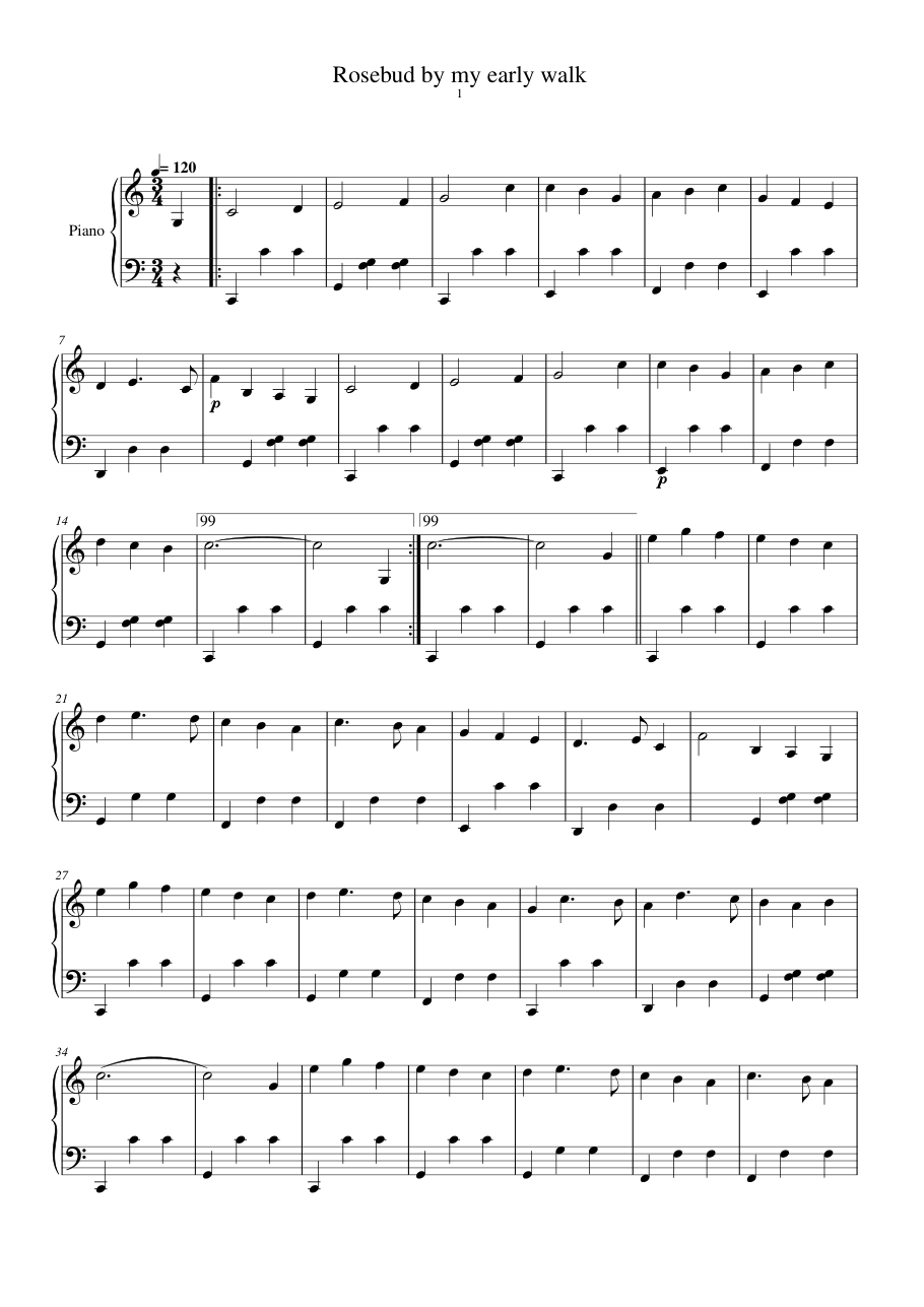 Rosebud by my early walk Piano Sheet Music Page 1 Free PDF