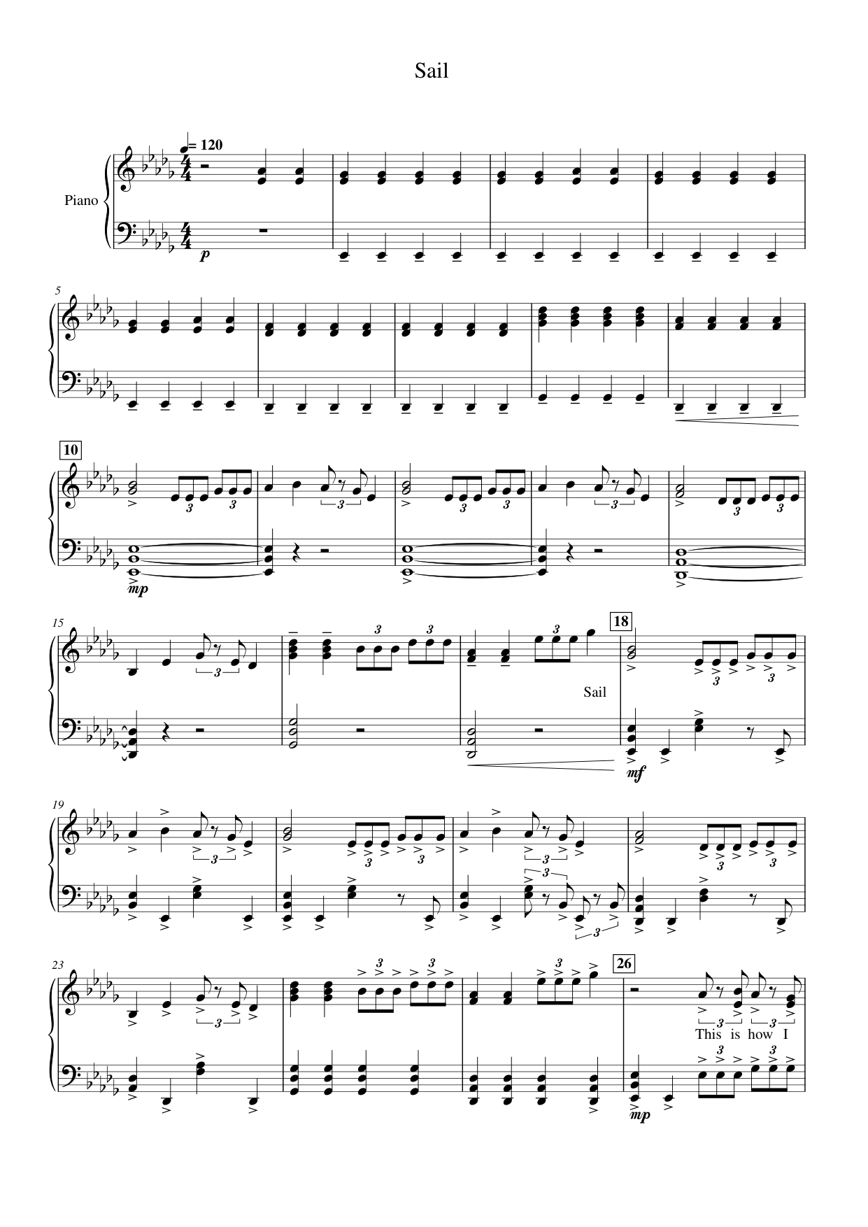 Sail Piano Sheet Music Score Page 1