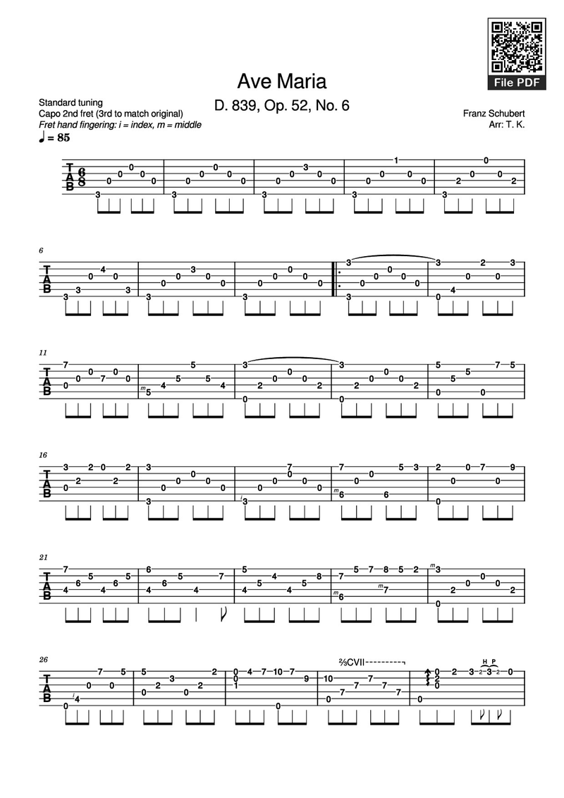 Ave Maria Guitar TAB Piano Sheet Music Page 1 Free PDF