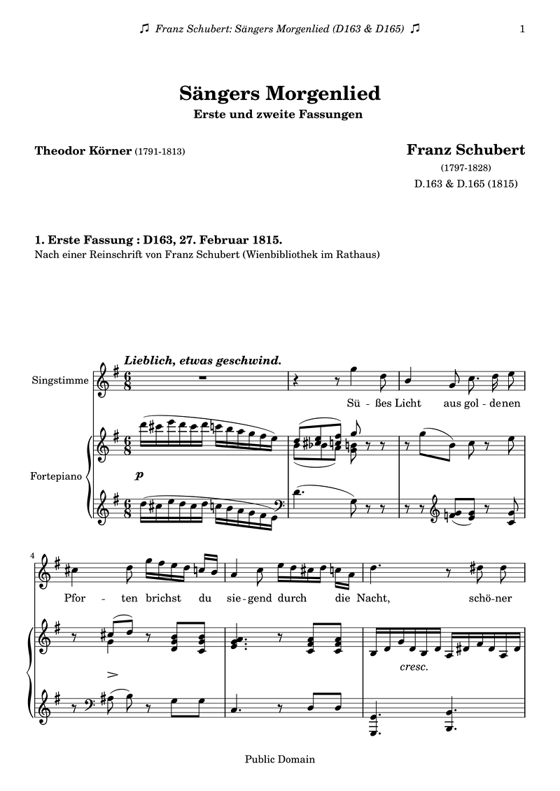 Schubert F D163 D165 Saengers Morgenlied Piano Sheet Music Page 1 Free PDF