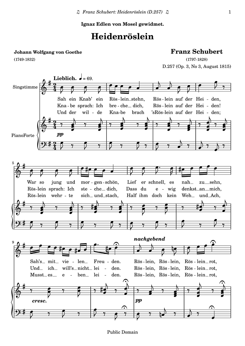 Schubert F D257 Heidenroeslein Piano Sheet Music Page 1 Free PDF