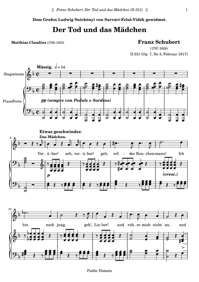 Schubert F D531 Der Tod Und Das Maedchen Piano Sheet Music Page 1 Free PDF
