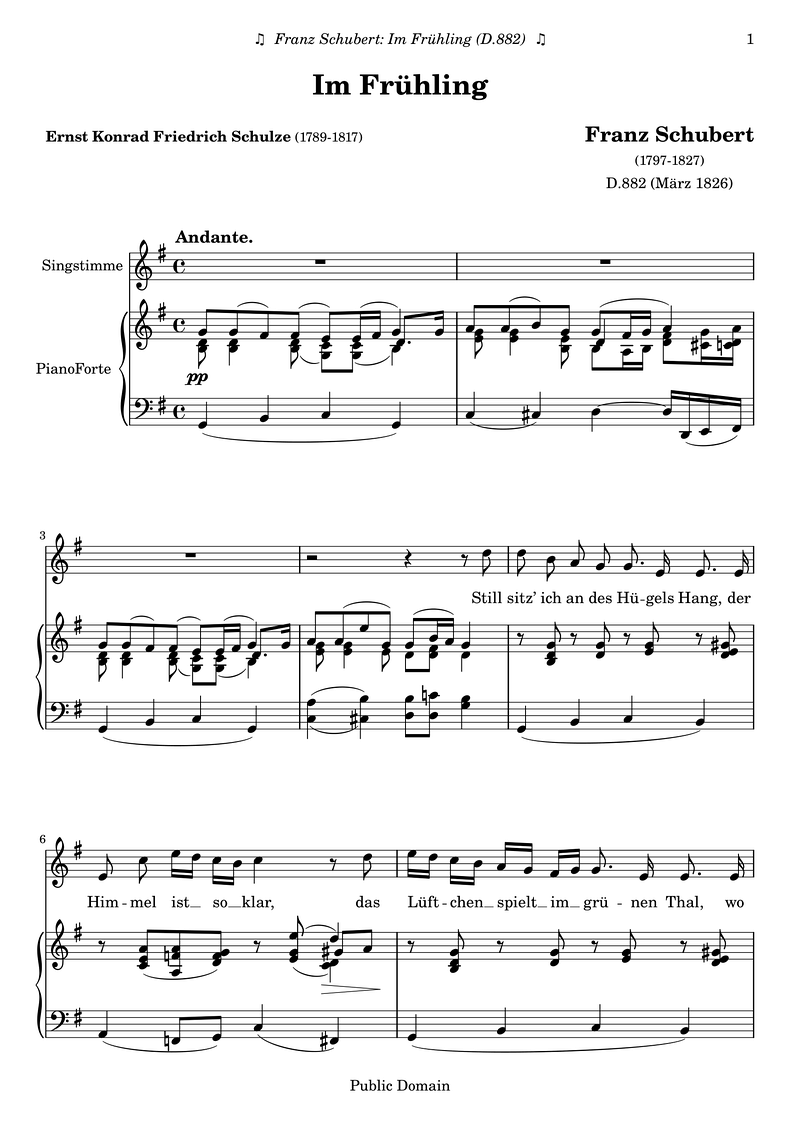 Schubert F D882 Im Fruehling Piano Sheet Music Page 1 Free PDF