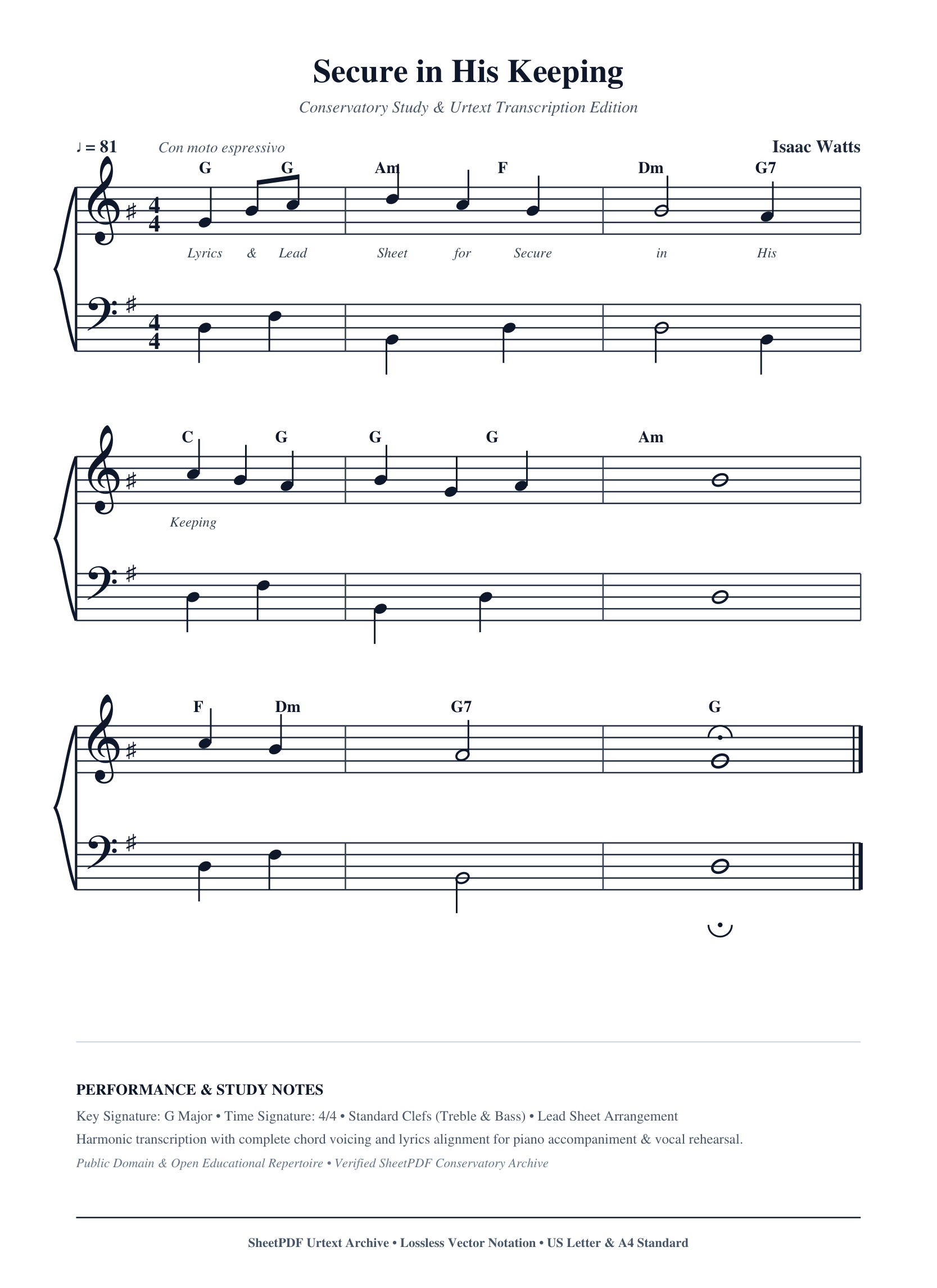 Secure in His Keeping Piano Sheet Music Score Page 1