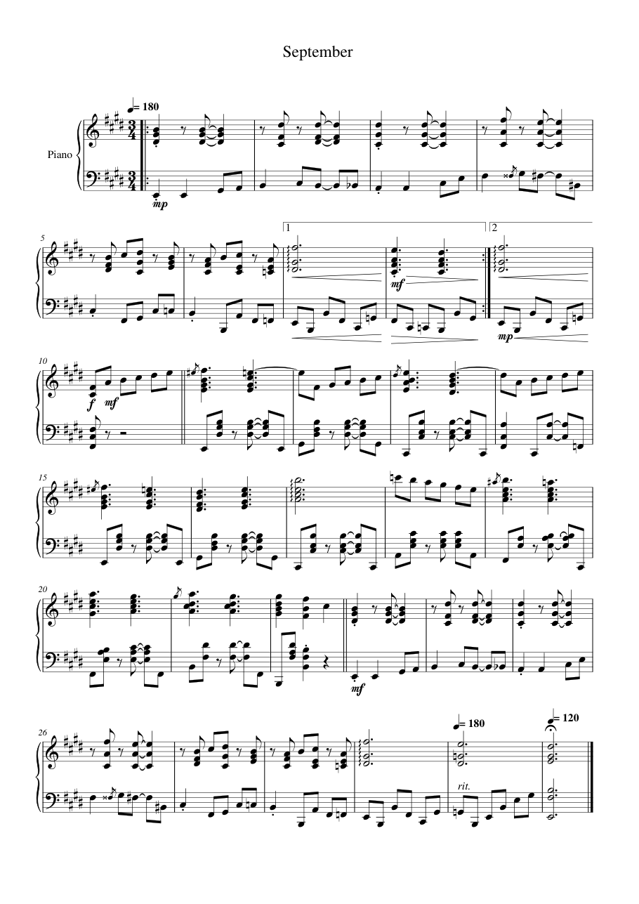 September Piano Sheet Music Score Page 1