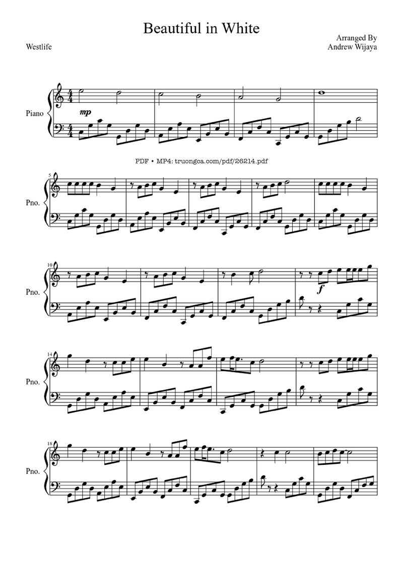 Beautiful In White Piano Sheet Music Score Page 1