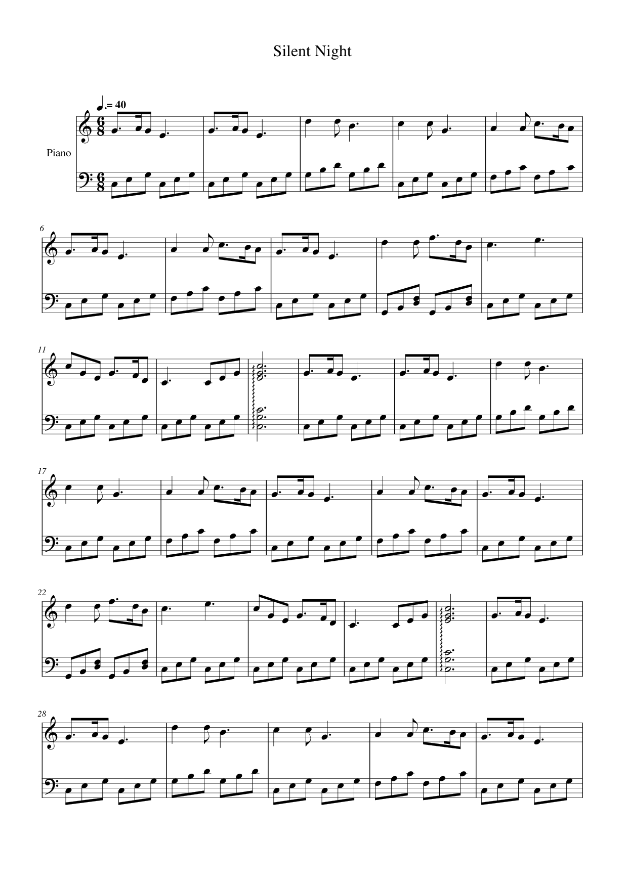 Silent Night Piano Sheet Music Score Page 1