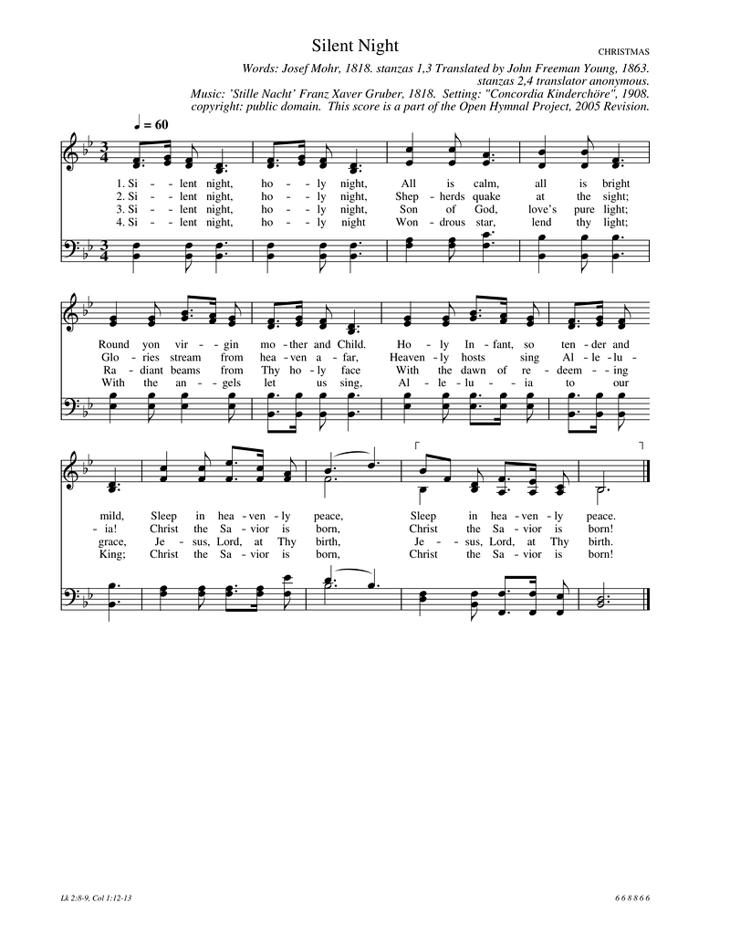 Silent Night Piano Sheet Music Score Page 1