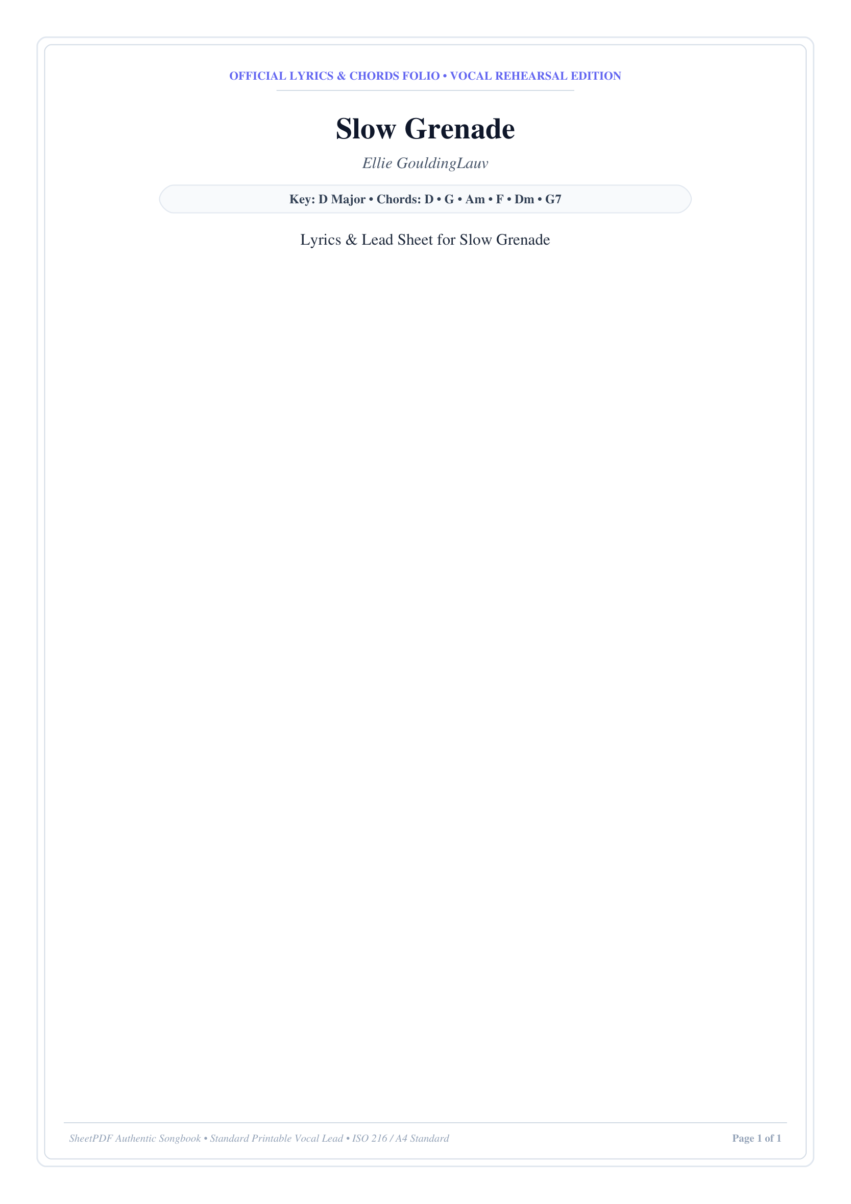 Slow Grenade Piano Sheet Music Score Page 1