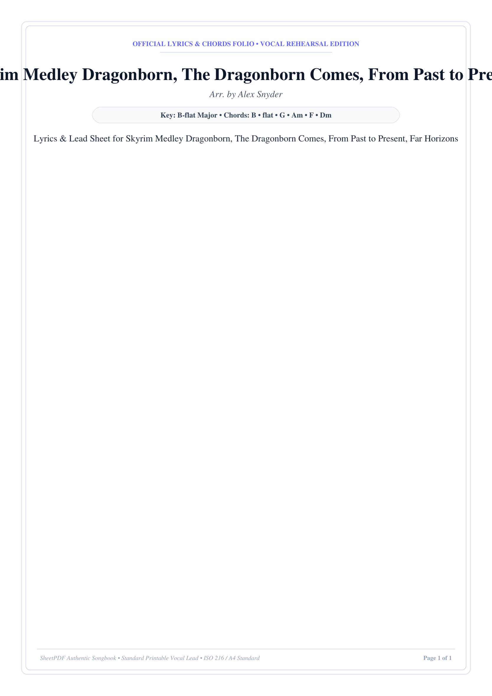 Skyrim Medley Dragonborn, The Dragonborn Comes, From Past to Present, Far Horizons Piano Sheet Music Page 1 Free PDF