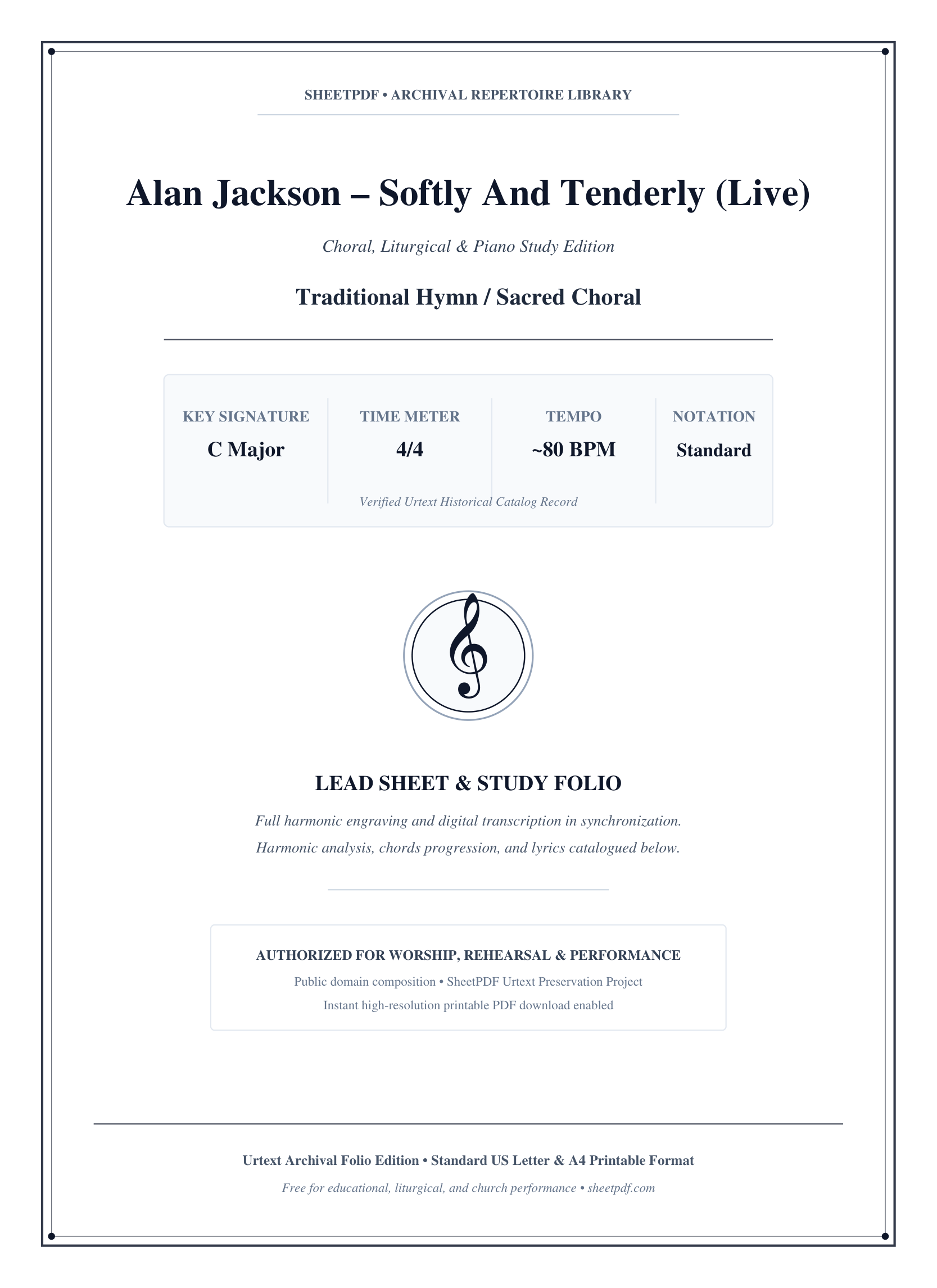 Alan Jackson – Softly And Tenderly (Live) Piano Sheet Music Page 1 Free PDF