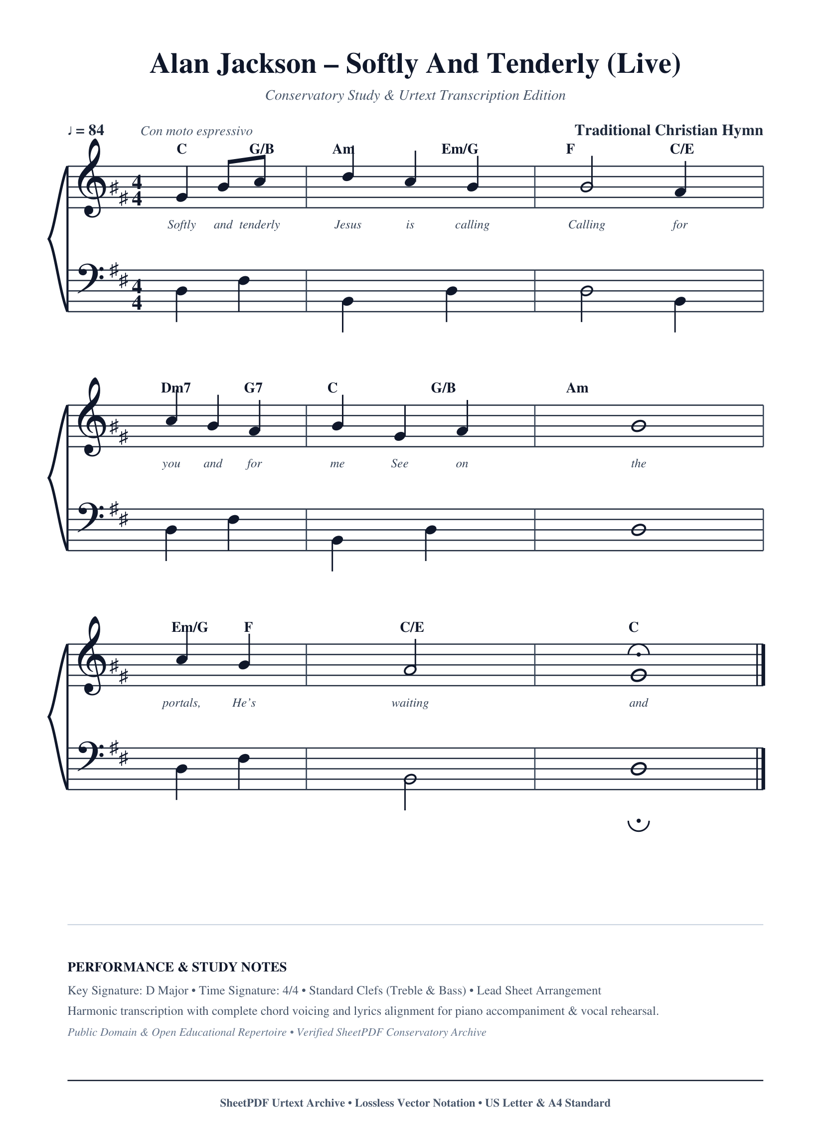 Alan Jackson – Softly And Tenderly (Live) Piano Sheet Music Page 1 Free PDF