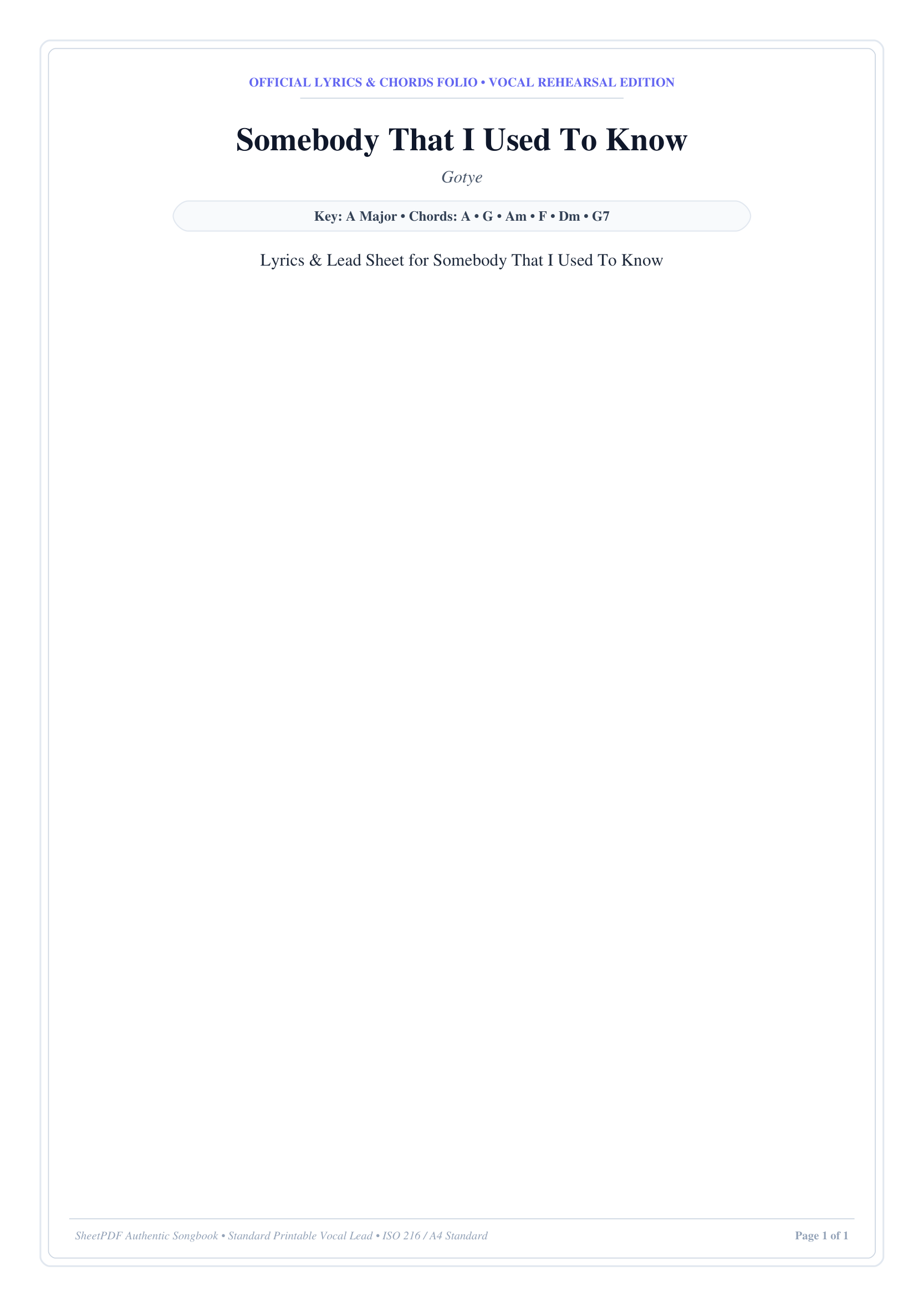 Somebody That I Used To Know Piano Sheet Music Score Page 1