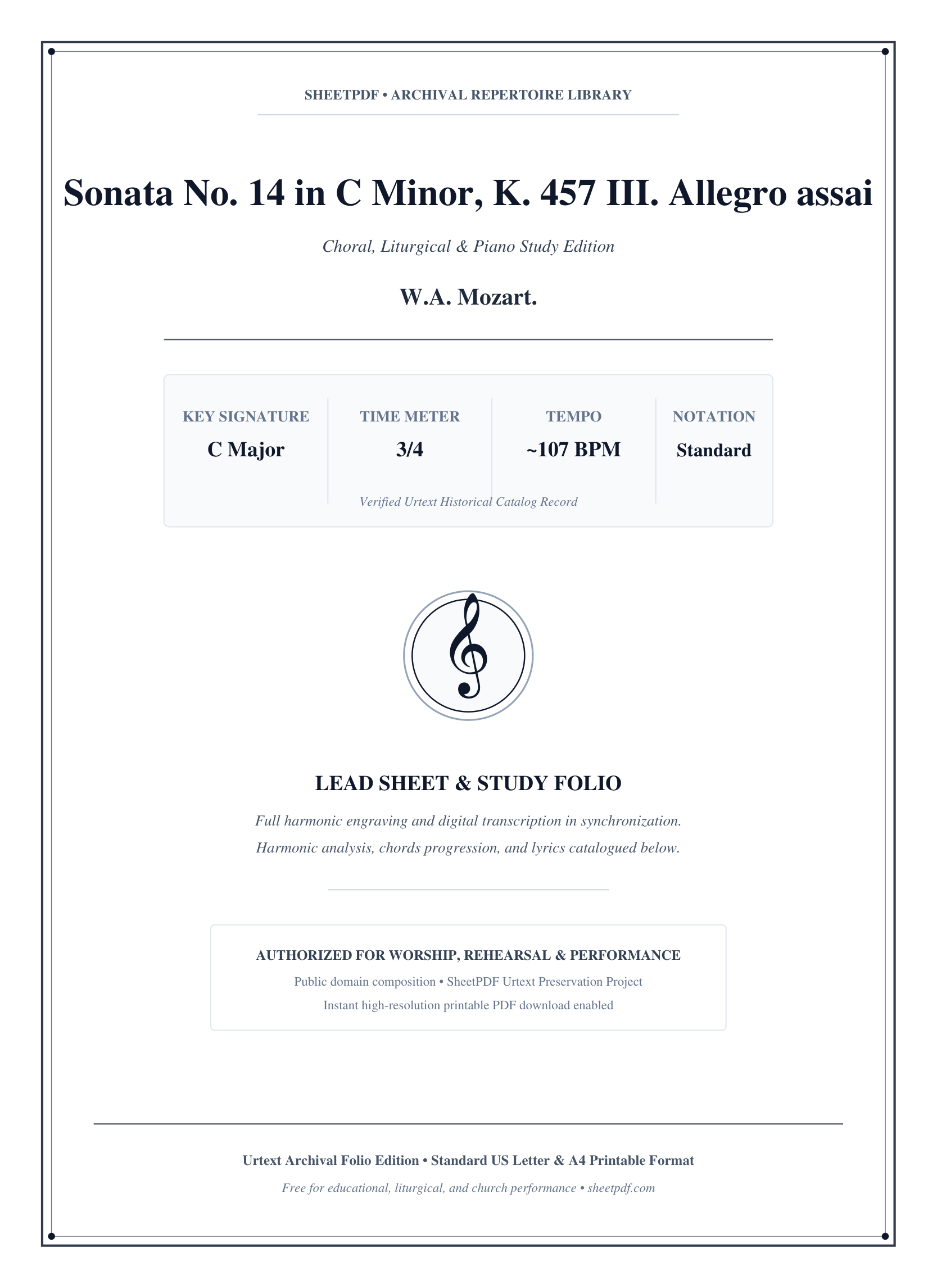 Sonata No. 14 in C Minor, K. 457 III. Allegro assai Piano Sheet Music Page 1 Free PDF