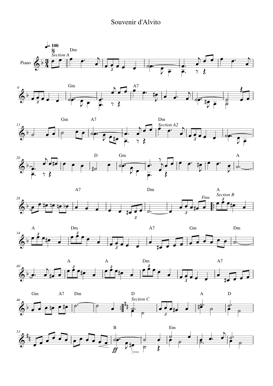 Souvenir d'Alvito Piano Sheet Music Score Page 1