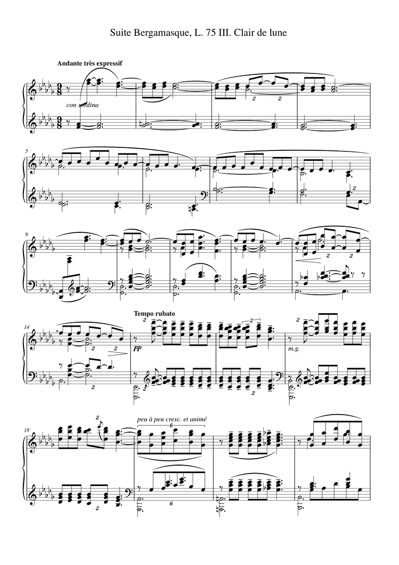 Suite Bergamasque, L. 75 III. Clair de lune Piano Sheet Music Page 1 Free PDF