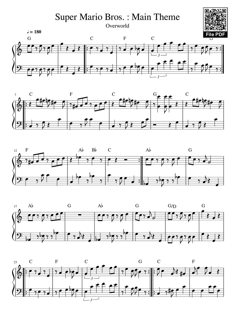 Super Mario Bros. Main Theme Piano Sheet Music Score Page 1