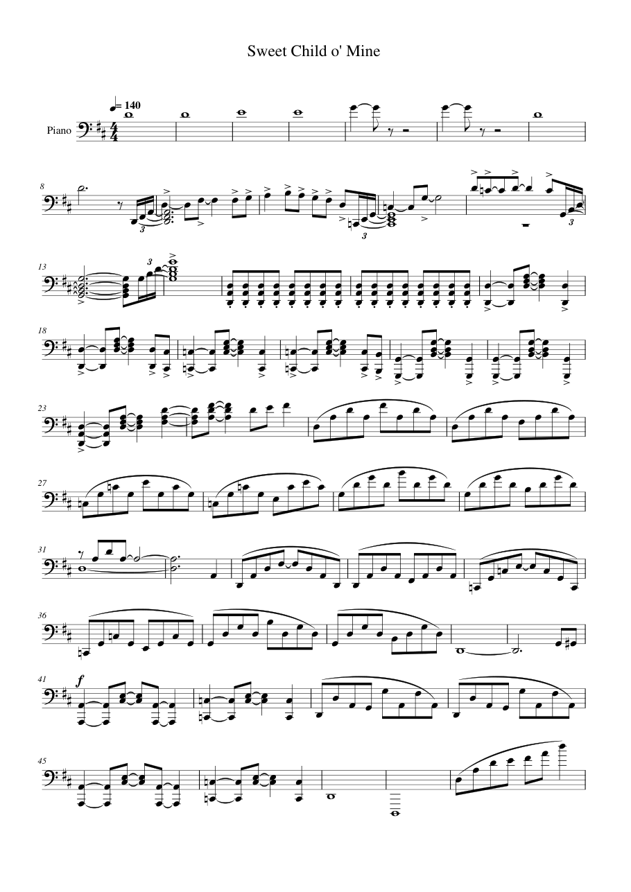 Sweet Child o' Mine Piano Sheet Music Score Preview
