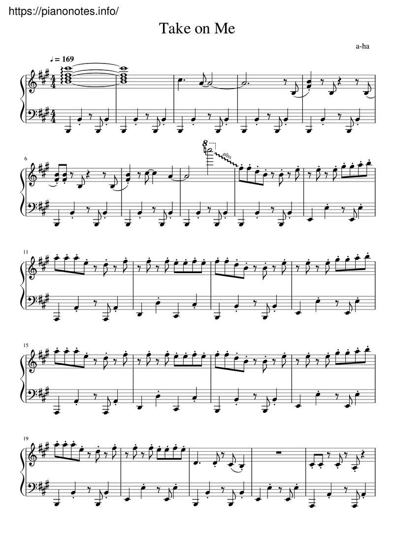 take on me Piano Sheet Music Score Page 1