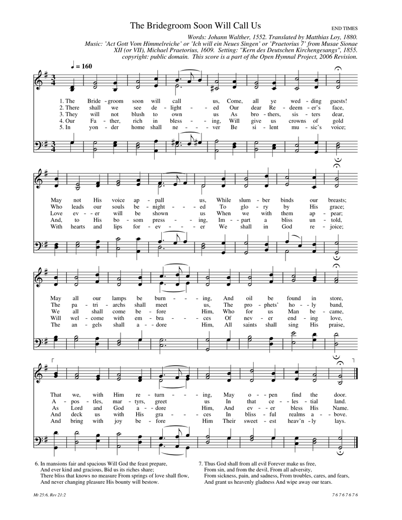 The Bridegroom Soon Will Call Us Piano Sheet Music Score Page 1