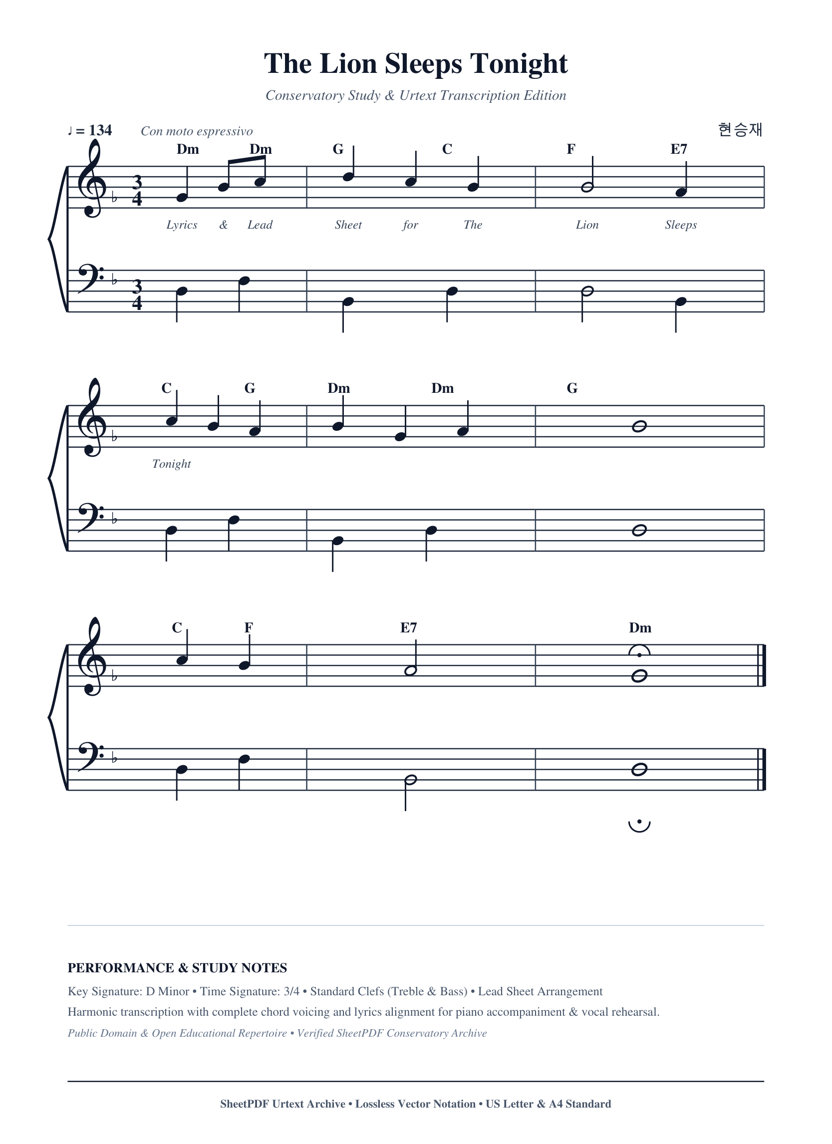 The Lion Sleeps Tonight Piano Sheet Music Score Page 1