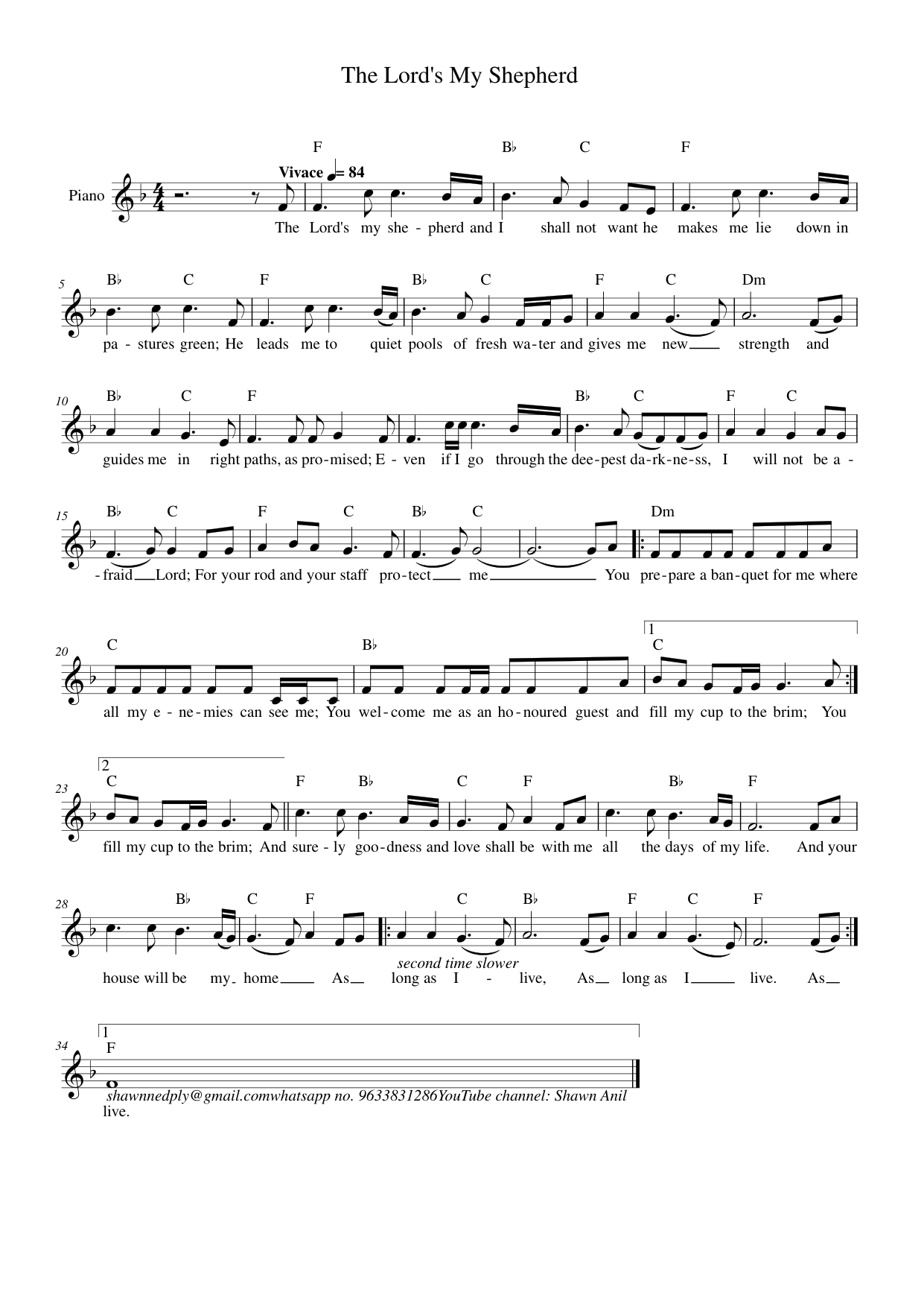 The Lord's My Shepherd Piano Sheet Music Score Page 1
