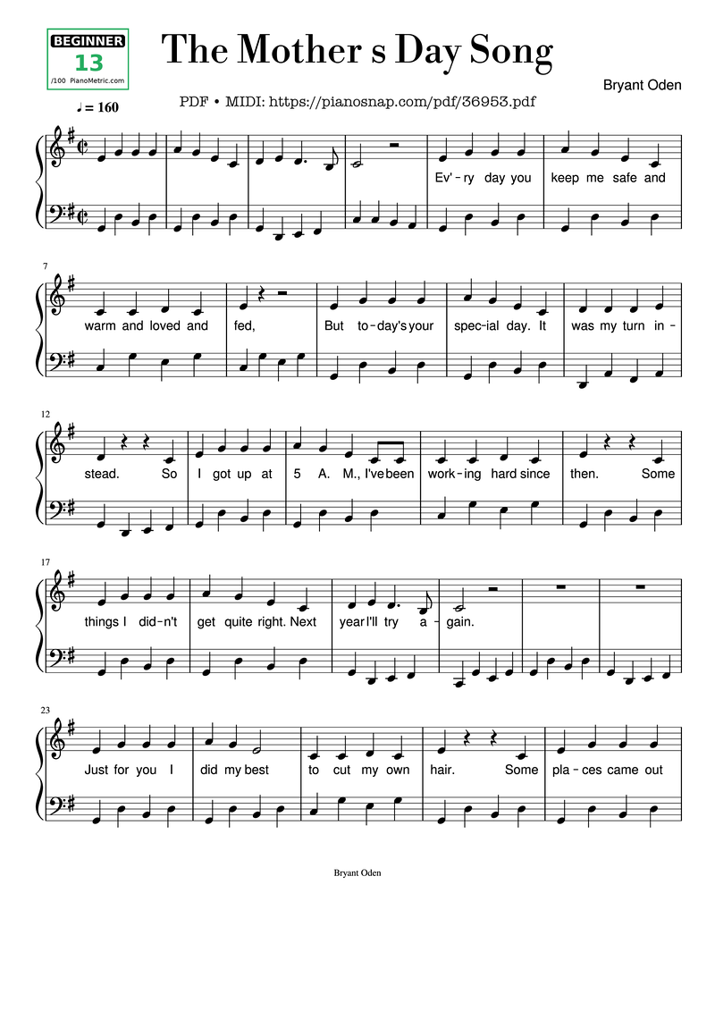 The Mother s Day Song Piano Sheet Music Page 1 Free PDF