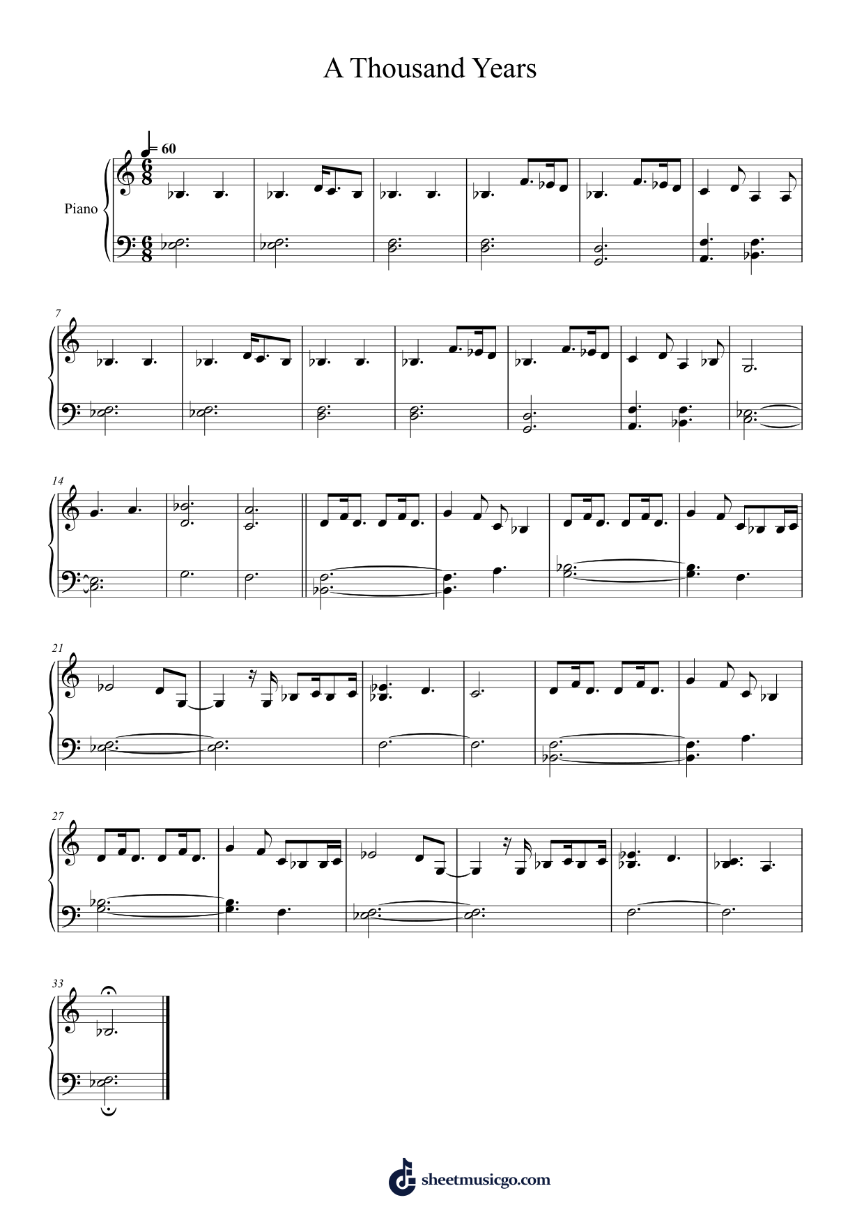 A Thousand Years Piano Sheet Music Score Page 1