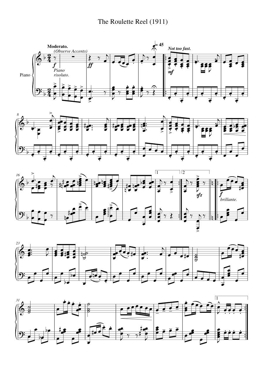 The Roulette Reel (1911) Piano Sheet Music Page 1 Free PDF