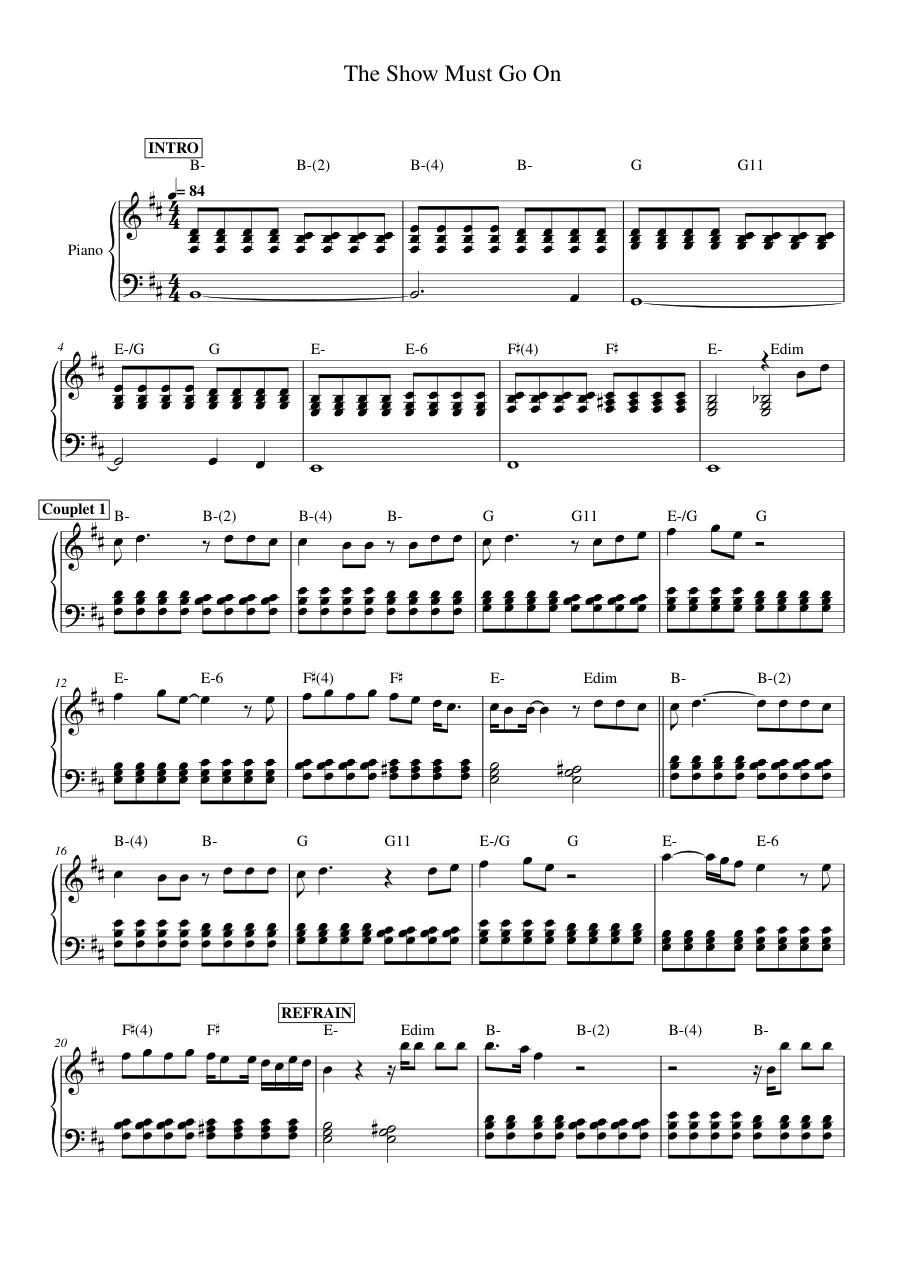 The Show Must Go On Piano Sheet Music Score Preview