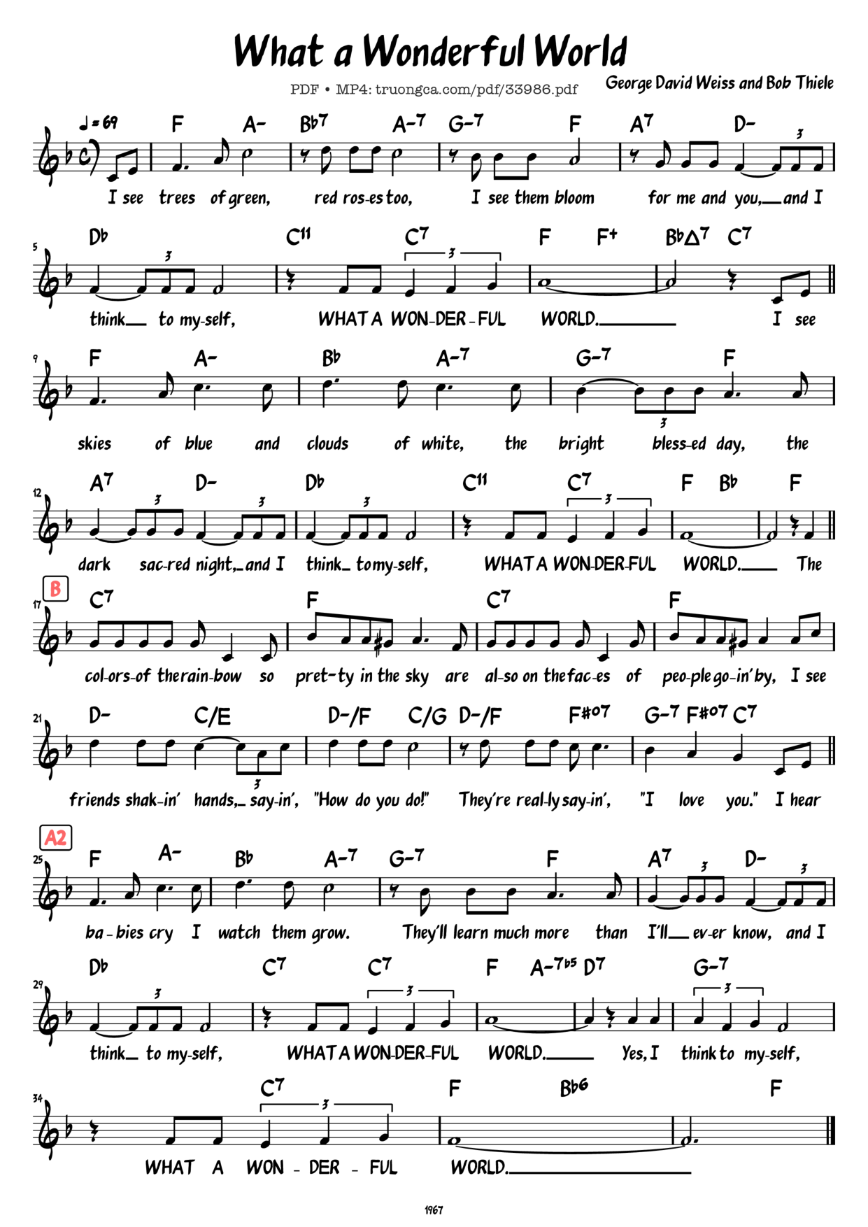 SheetI see trees of green Red roses too Piano Sheet Music Page 1 Free PDF