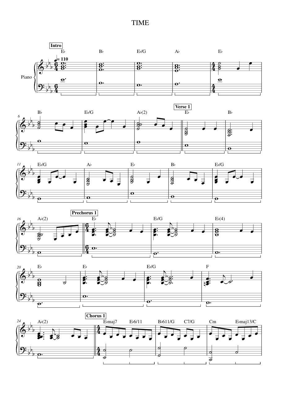 TIME Piano Sheet Music Score Page 1