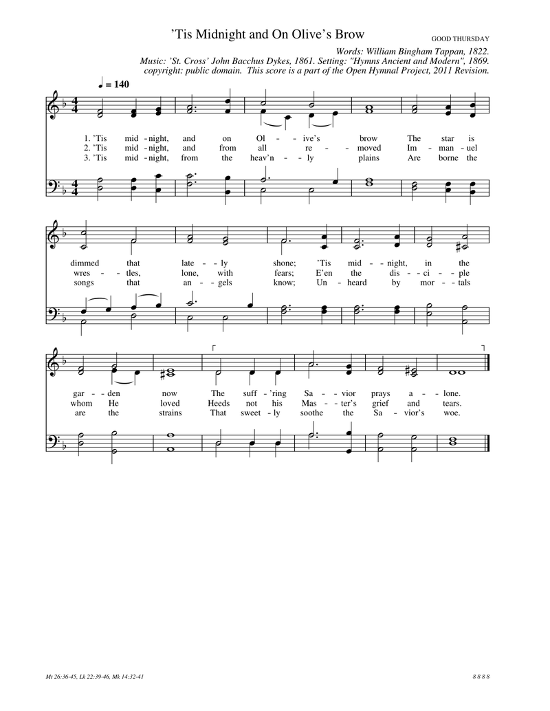 'Tis Midnight and On Olive's Brow Piano Sheet Music Score Page 1