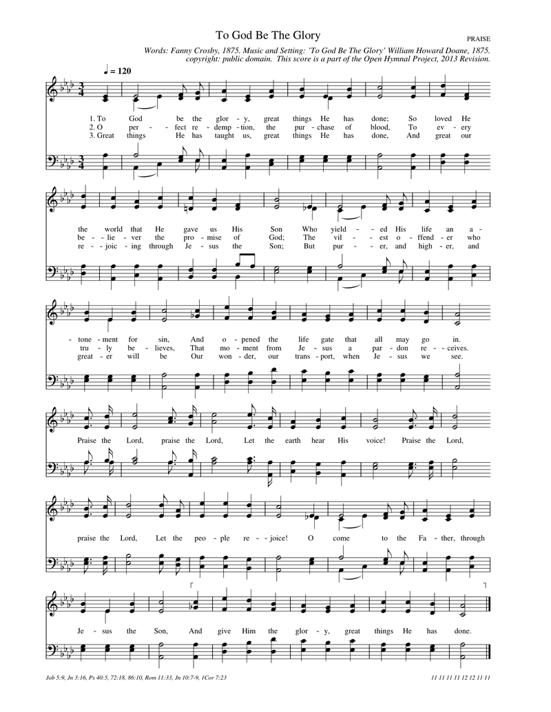 To God be the glory Piano Sheet Music Page 1 Free PDF