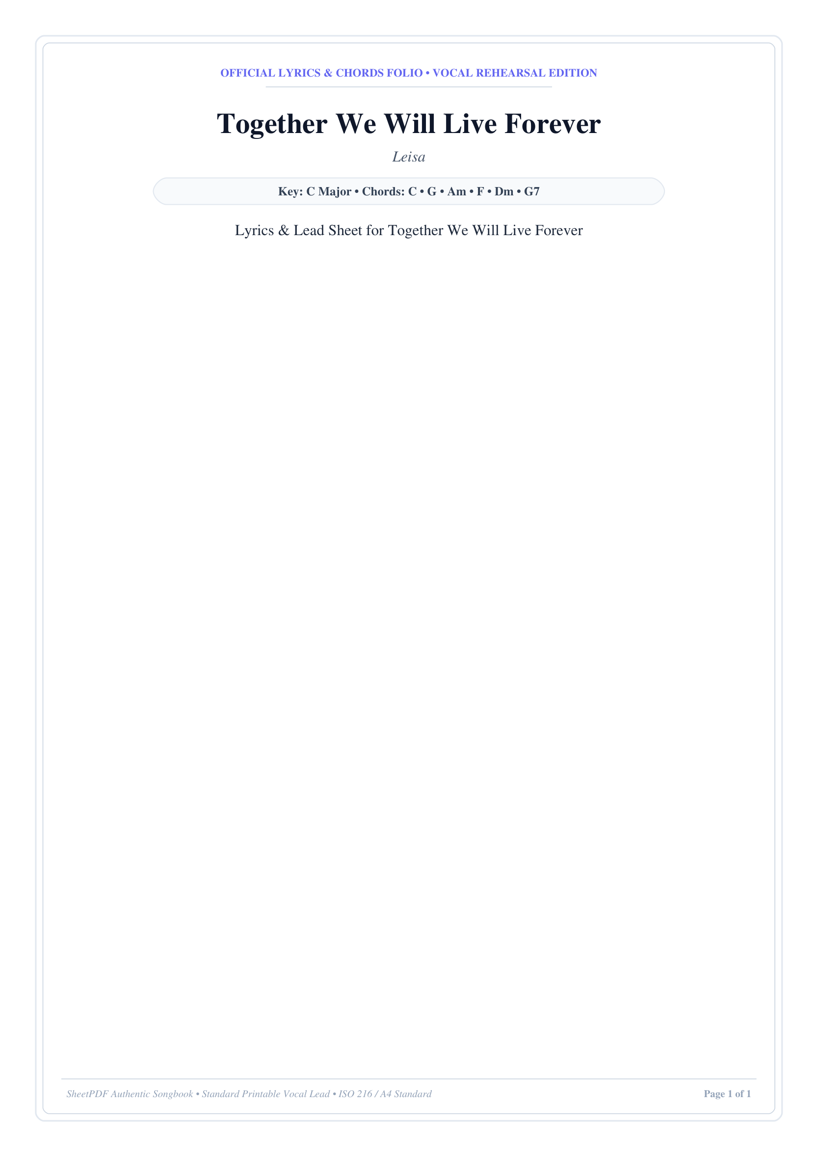 Together We Will Live Forever Piano Sheet Music Score Page 1