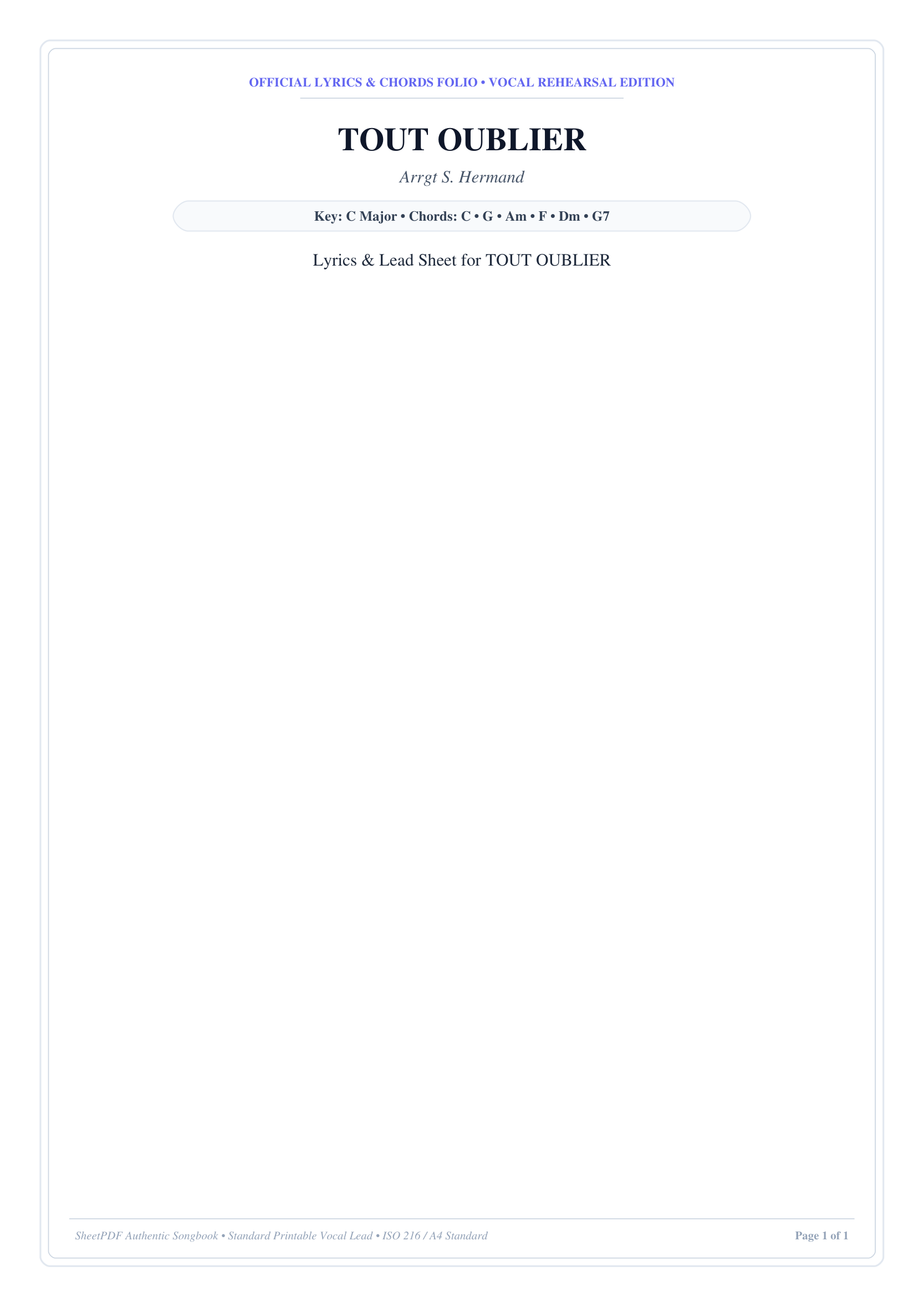 TOUT OUBLIER Piano Sheet Music Score Page 1