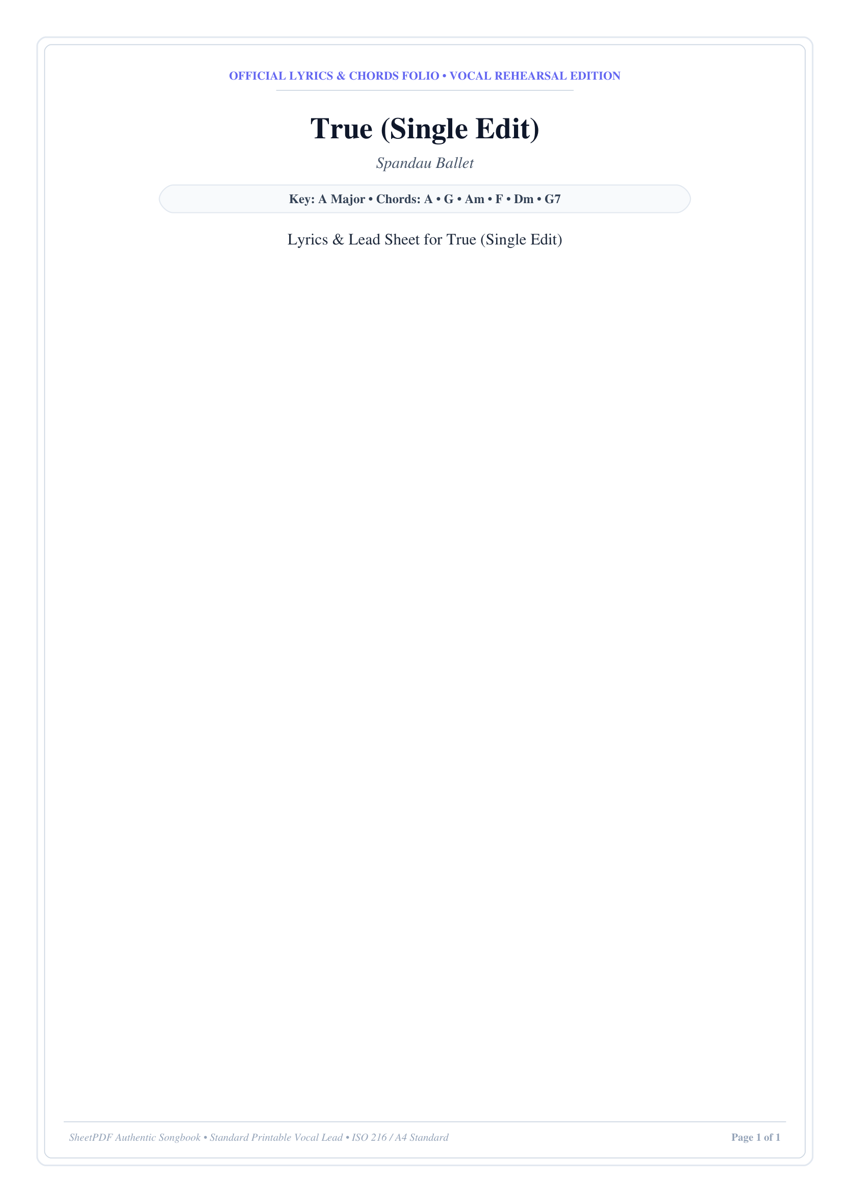 True (Single Edit) Lyrics & Chords Folio