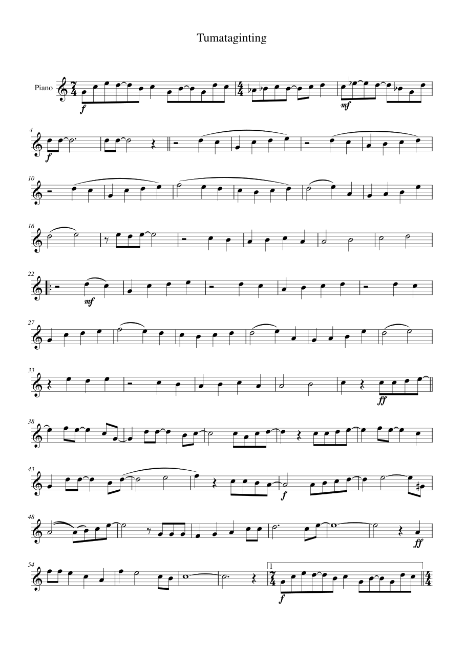 Tumataginting Piano Sheet Music Score Page 1