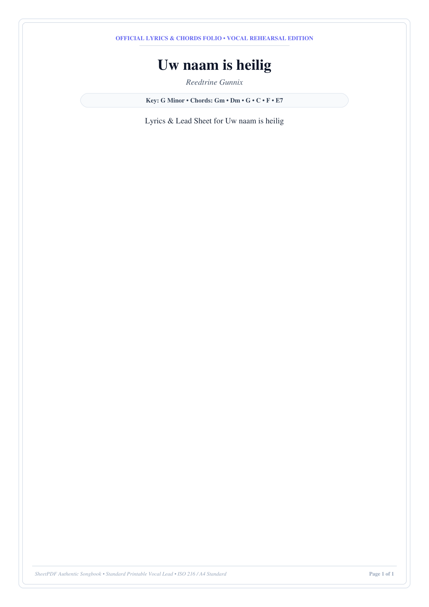 Uw naam is heilig Piano Sheet Music Score Page 1